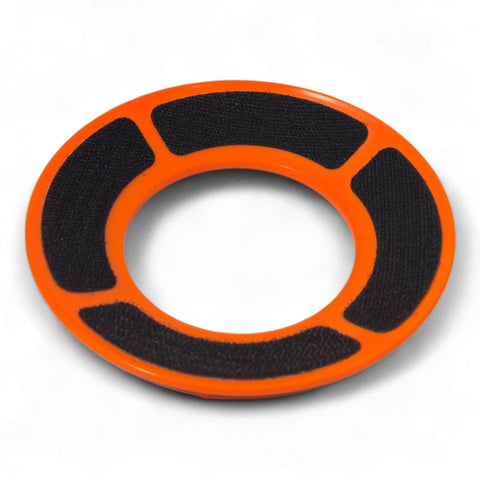 Bowling Ball Sanding Pad Holder For Surface Shaping And Consistent Reaction, orange round design with black padding slots