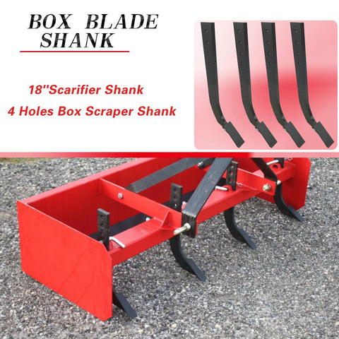 Five Piece Box Blade Shank Kit With Four Hole Box Scraper Shanks And An 18 Inch Scarifier Ripper Shank shown on gravel