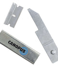 Heavy Duty Double Sided Hook And Loop Tape Pack With Clear Reclosable Fasteners 0.75 Inch Circle Discs 16 Pieces Includes Box Cutter And Razor Replacements Made In USA, includes metal box cutter and razor blade replacements.