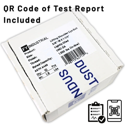 Box of Ten Heavy Duty Lifting Shoulder Eye Bolts 3/8-16 by 1-1/4 inch with QR code for test report