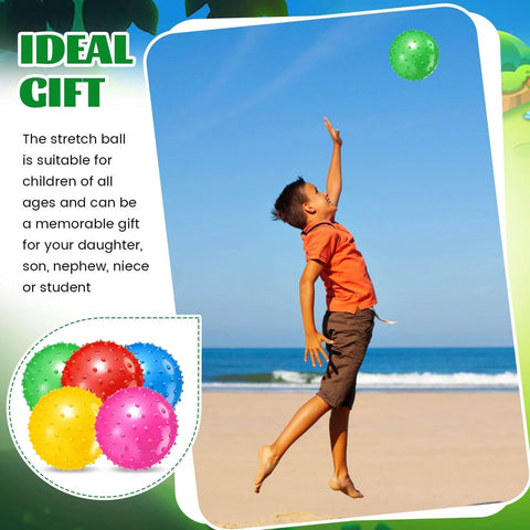 Child playing on beach with green 200 Pcs Knobby Balls 6.3 Inch Soft Bouncy Balls Bulk Inflatable Sensory Toys