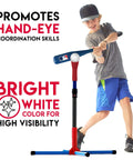 Child practicing swing with MLB Plastic Baseballs - 8 Pack using batting tee.