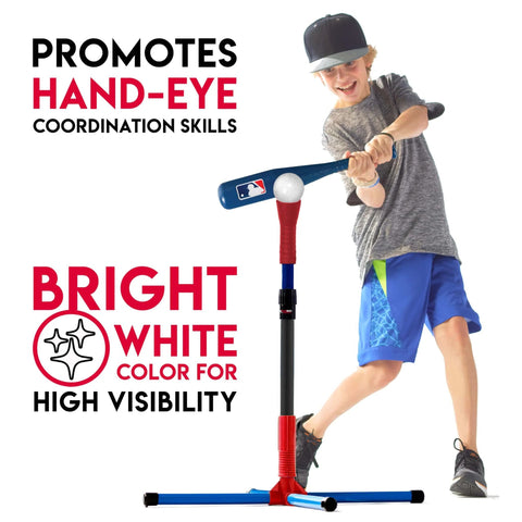 Child practicing swing with MLB Plastic Baseballs - 8 Pack using batting tee.