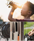 Collage of a child playing with a toy plane, bicycle gear, kitchen knives, and assembling a remote-controlled car outdoors.