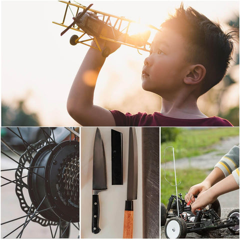 Collage of a child playing with a toy plane, bicycle gear, kitchen knives, and assembling a remote-controlled car outdoors.