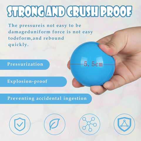 Hand holding blue plastic ball illustrating durability for BPA Free 100 Pack Colorful Plastic Balls for Baby Play & Ball Pit, Tent, Pool, House.