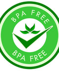 Green circular BPA Free badge with check mark and leaves in center, indicating non-toxic materials.