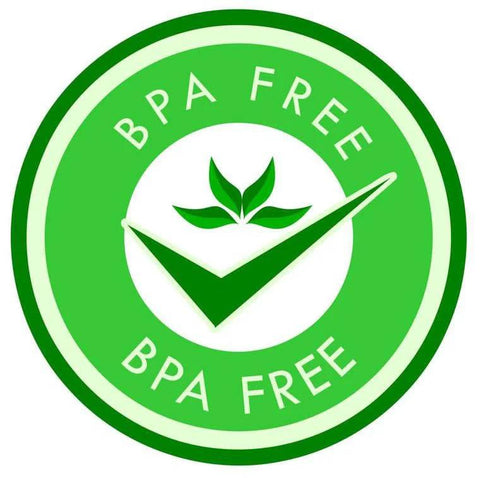 Green circular BPA Free badge with check mark and leaves in center, indicating non-toxic materials.