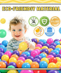 Toddler playing with 50 pcs Ball Pit Balls Plastic Balls for Ball Pit, BPA Free Ocean Ball for Toddlers - 7 Colors, eco-friendly labels visible