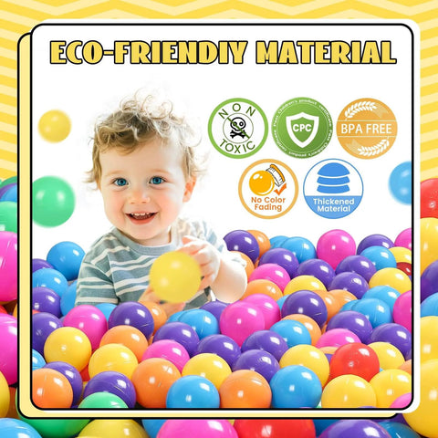 Toddler playing with 50 pcs Ball Pit Balls Plastic Balls for Ball Pit, BPA Free Ocean Ball for Toddlers - 7 Colors, eco-friendly labels visible