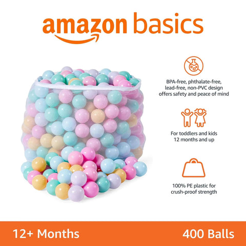 BPA Free Crush-Proof Plastic Ball, Pit Balls with Storage Bag, Toddlers Kids 12+ Months, Pack of 400 Balls, 6 Pastel Colors in mesh bag