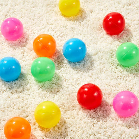Brightly colored BPA Free Crush-Proof Plastic Ball, Pit Balls scattered on carpet, Toddlers Kids 12+ Months, Pack of 400 Balls, 6 Bright Colors.