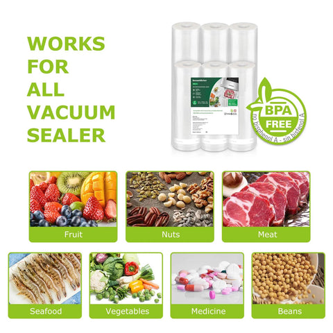Commercial grade BPA free vacuum sealer bag rolls six pack includes three 11x20 inch rolls and three 8x20 inch rolls shown