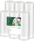 Commercial grade BPA free vacuum sealer bag rolls six pack includes three 11x20 inch rolls and three 8x20 inch rolls, product display.