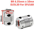 6.35mm x 10mm coupler for SFU1605 Ball Screw Kit, 25mm diameter, 30mm length, shown in silver with visible dimensions