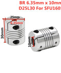 BR 6.35mm x 10mm coupler for SFU1605 1200mm Ball Screw Kit with dimensional markings in millimeters