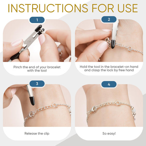 Instructions on using Bracelet Fastener Helper Tool For Easy On Jewelry Clasp Clip For Bracelets Necklaces And Watches Portable Metal Silver Life Saver No Slip Grip And User Friendly Design.