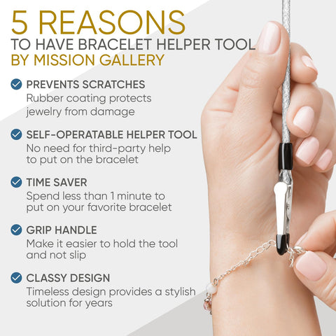 Hand using Bracelet Fastener Helper Tool For Easy On Jewelry Clasp Clip For Bracelets Necklaces And Watches Portable Metal Silver Life Saver No Slip Grip And User Friendly Design