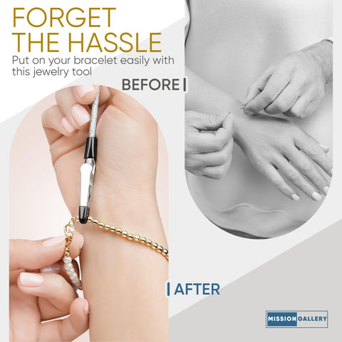 Bracelet Fastener Helper Tool For Easy On Jewelry Clasp Clip For Bracelets Necklaces And Watches Portable Metal Silver Life Saver No Slip Grip And User Friendly Design in use with bracelet.