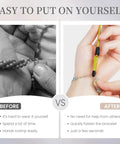 Comparison of using a Two Pack Bracelet Helper Tool Set With Non Slip Tips For One Handed Clasping Easy To Put On Yourself Jewelry Fastener for necklace and bracelet on hands, before and after