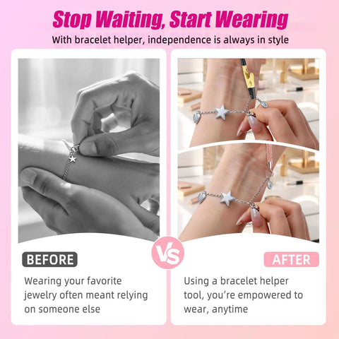 Before and after using the Two Pack Bracelet Helper Tool Set No Fuss Clasp Helper For Easy One Handed Fastening With Lobster Clasps Jewelry Fasteners.
