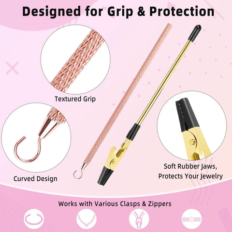 Image showing rose-gold hook and gold clip with rubber guard from Two Pack Bracelet Helper Tool Set No Fuss Clasp Helper For Easy One Handed Fastening With Lobster Clasps Jewelry Fasteners Perfect For Bracelets Necklaces Zippers And Crafts.