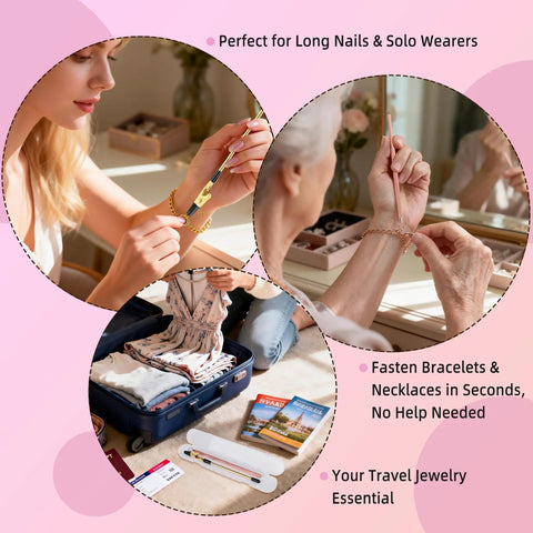 Two Pack Bracelet Helper Tool Set No Fuss Clasp Helper For Easy One Handed Fastening With Lobster Clasps Jewelry Fasteners Perfect For Bracelets Necklaces Zippers And Crafts in use, showing women fastening bracelets and packing for travel.