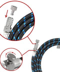 Close-up of six foot braided airbrush hose with nylon exterior and rubber inner, showing quick release disconnect coupler.