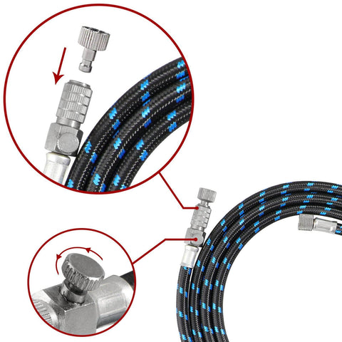 Close-up of six foot braided airbrush hose with nylon exterior and rubber inner, showing quick release disconnect coupler.