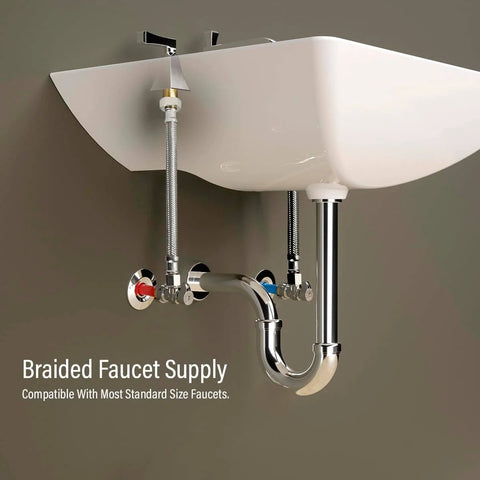 8 Inch Stainless Steel Faucet Connector Braided Brass Nuts One Half Inch IPS To Three Eighths Inch Female Thread Compression Fitting Chrome Plated Lead Free Pack Of 2 Leak Resistant Easy Install For Toilet And Sink installed under a sink
