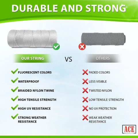 Comparison of braided nylon twine for gardening; our string features durable, waterproof, UV resistant properties vs others