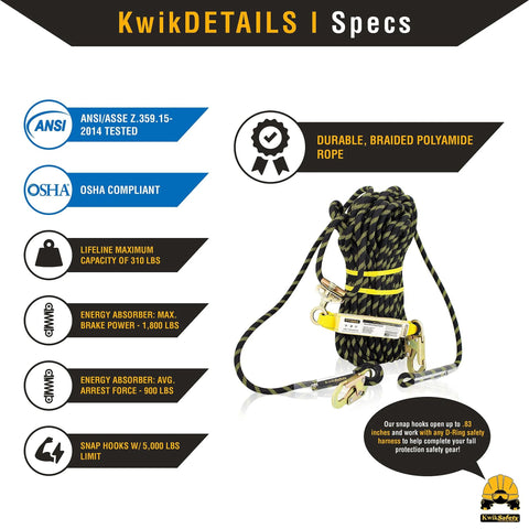 Premium Braided Rope Vertical Lifeline Kit With ANSI OSHA Rope Grab Snap Hook Shock Absorber For Fall Protection Restraint System Roofing Safety Equipment 50 Ft, coiled rope with hooks and absorber