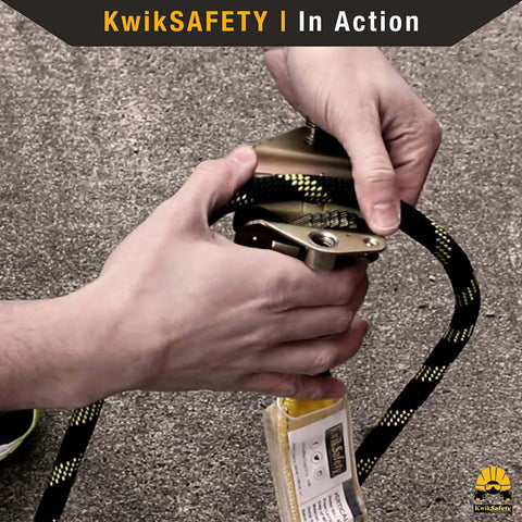 Hands adjusting Premium Braided Rope Vertical Lifeline Kit With ANSI OSHA Rope Grab Snap Hook Shock Absorber for safety