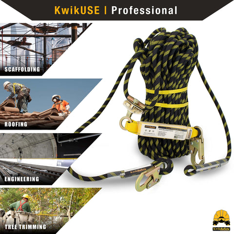 Premium Braided Rope Vertical Lifeline Kit With ANSI OSHA Rope Grab Snap Hook Shock Absorber For Fall Protection Restraint System Roofing Safety Equipment 50 Ft, showing braided rope and safety hook.