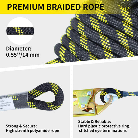 Close-up of Pro Grade 50Ft Vertical Lifeline Kit for Fall Protection with 0.55 inch polyamide safety rope and steel snap hooks.