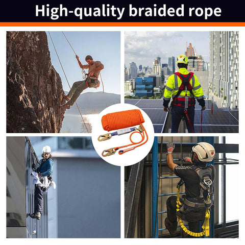 Rock Solid Heavy Duty Fall Protection Rope Kit 25 Ft With Durable Braided Polyester Line Vertical Roofing Grab Snap Hook And Shock Absorber Restraint System For Safe Roofing Work Wear Resistant And Easy To Install