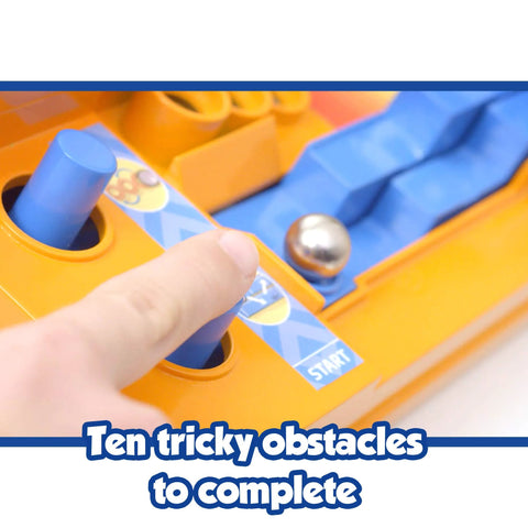 Two Brainteaser Marble Maze Challenges For Ages 5 to 9 standard edition obstacle board with turn knobs and push buttons close-up