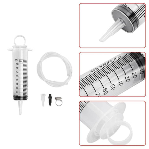 Brake Bleed Kit, Hydraulic Disc Clutches Bleeding Kit 100ML Syringe 50cm Hose, with accessories for motorcycle brake maintenance.