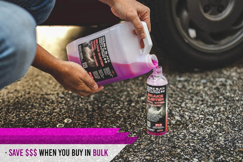 Person pouring Brake Buster Wheel Cleaner With Non Acid Formula For Safe Use On All Wheels Removes Brake Dust Dirt And Corrosion into a bottle