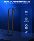 Brake caliper hangers with automotive work icons, displayed on a blue background.