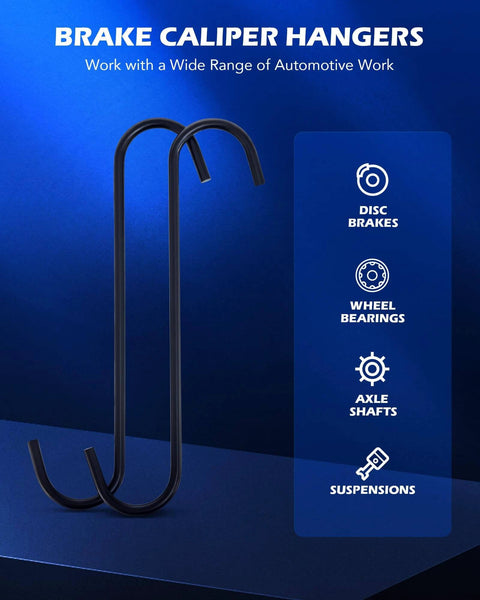 Brake caliper hangers with automotive work icons, displayed on a blue background.