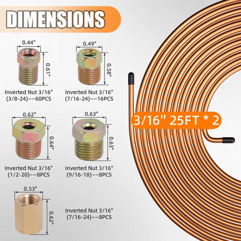 Three Sixteenth Inch Brake Line Repair Kit Pro Grade With Double And Single Flaring Tool Two Twenty Five Foot Lines, dimensions chart.