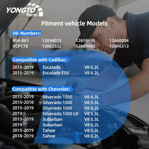 Mechanic checking engine with OE part numbers and compatibility chart for Cadillac and Chevrolet vehicles, featuring premium brake vacuum pump replacement for 2015-2019 models.