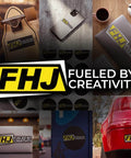 Collage of FHJ Fueled by Creativity logo stickers on gadgets, car, and skateboard.