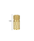 Single brass 1/4 inch NPT air coupler from the 5 pack quick connect fittings set with measurement, for pneumatic systems.