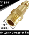 Close-up of a brass 1/4 Inch NPT male air hose quick connect plug, part of a 10 Pack One Quarter Inch NPT Male And Female Industrial Air Hose Quick Connect Plug Brass Finish Heavy Duty Workhorse For Air Compressors Pneumatic Coupler Fitting Adapter Built For Fast Mess Free Quick Connect