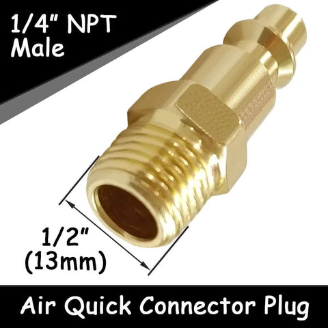 Close-up of a brass 1/4 Inch NPT male air hose quick connect plug, part of a 10 Pack One Quarter Inch NPT Male And Female Industrial Air Hose Quick Connect Plug Brass Finish Heavy Duty Workhorse For Air Compressors Pneumatic Coupler Fitting Adapter Built For Fast Mess Free Quick Connect