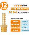 12 Pack One Quarter Inch Air Hose Fittings Brass Hose Barb Fittings One Quarter Inch NPT Male Pipe To One Quarter Inch Barb End Adapter