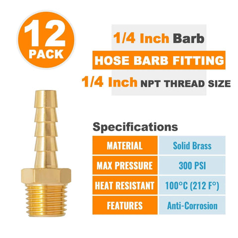 12 Pack One Quarter Inch Air Hose Fittings Brass Hose Barb Fittings One Quarter Inch NPT Male Pipe To One Quarter Inch Barb End Adapter