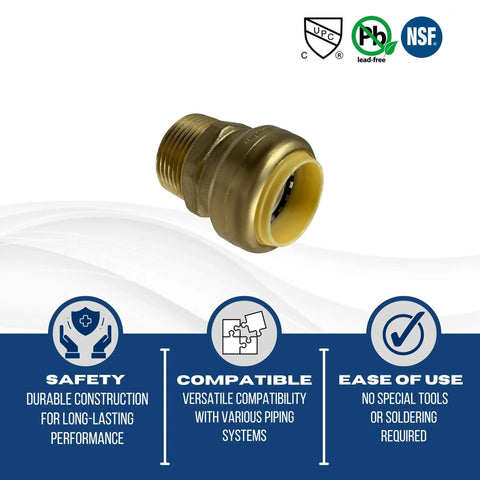 Xfitting Push Fit 1 Inch To 1 Inch Male NPT Adapter Brass Body, shown with safety and compatibility icons